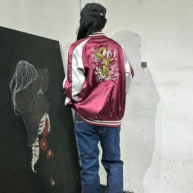 Jpn 일본빈티지 오리엔탈 버건디 용 스카잔 자켓