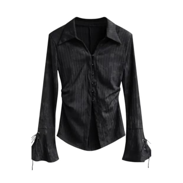 블랙 메일라드 빈티지 플레어 긴팔 셔츠 블라우스