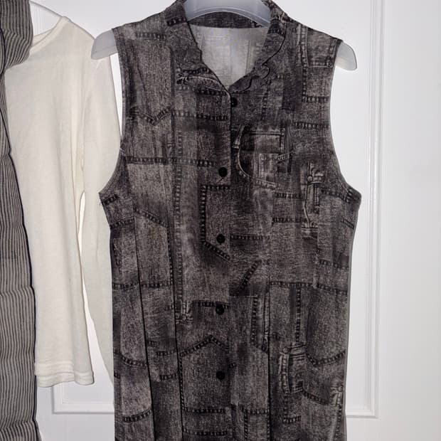 빈티지 데님 패턴 메쉬 민소매 블라우스