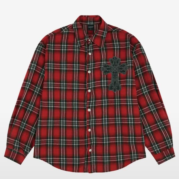 오버핏 패치 체크 셔츠-레드