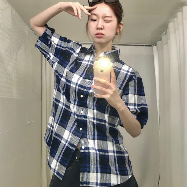 베이프 블루 체크 반팔 셔츠
