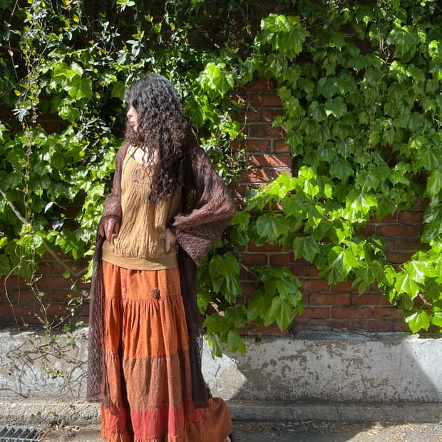 브라운 그물 니트 롱 가디건