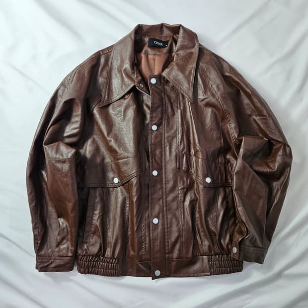 씨더 CIDER 크롭 레더 브라운 블루종자켓 가죽자켓 바이커 M