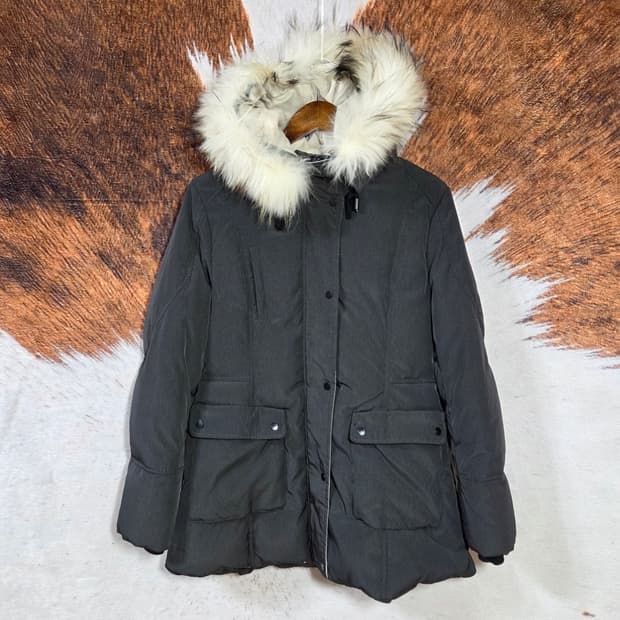 빈티지 카키 라쿤퍼 후드 덕다운 패딩