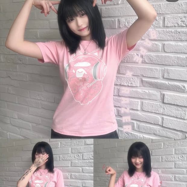 베이프 핑크 레이저 콜라보 RAZER x BAPE 반팔티 고양이 헤드셋