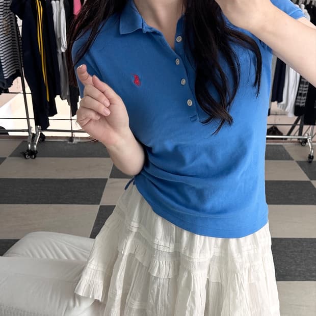 랄프로렌 5버튼 슬림핏 블루 카라 티셔츠 