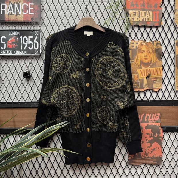 90s JPN VINTAGE 자카드 니트 가디건 금장 버튼 포인트 블랙