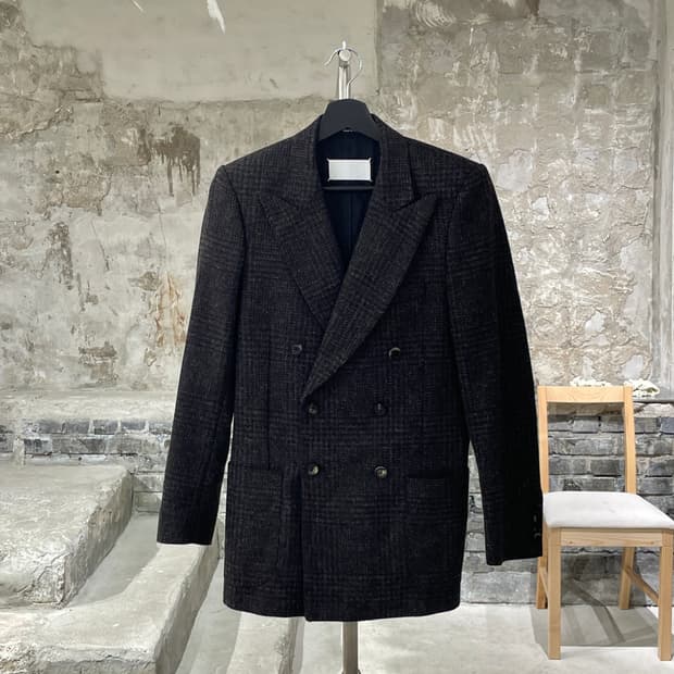 메종 마르지엘라 블랭크탭 브라운 글렌 체크 더블 울 블레이저