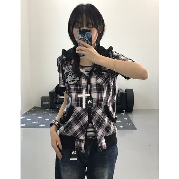Jpn Y2K Checked Zip Up Hoodies 