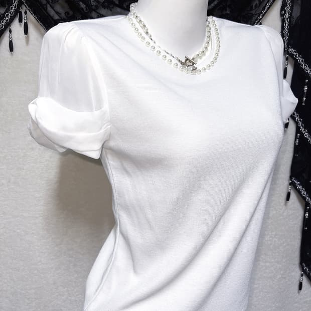 로맨틱갸루 히메 페미닌 진주 화이트 퍼프리본 반팔 로걀탑 핀터 러블리