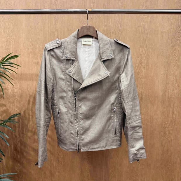 DKNY 퓨어 린넨 라이더 자켓 사선지퍼 숄더 견장 카키베이지