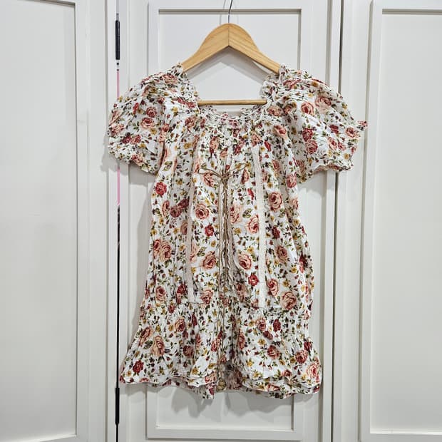 플라워 프린트 퍼프 반팔튜닉미니원핏