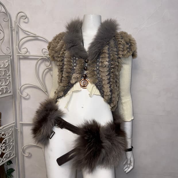 Ash brown rabbit&fox fur half knit 가디건