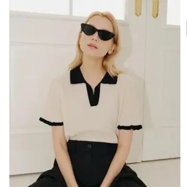 yuppe 엽페 배색 카라 아이보리 반팔 니트 F