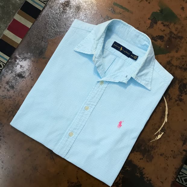 폴로랄프로렌 민트 스트라이프 시어서커 반팔 셔츠 남성 105 사이즈