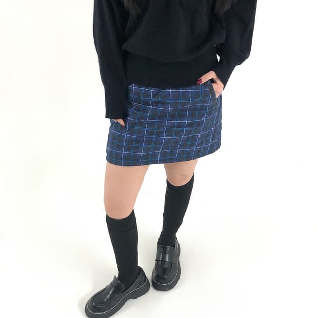 Blue Check Padded Mini Skirt