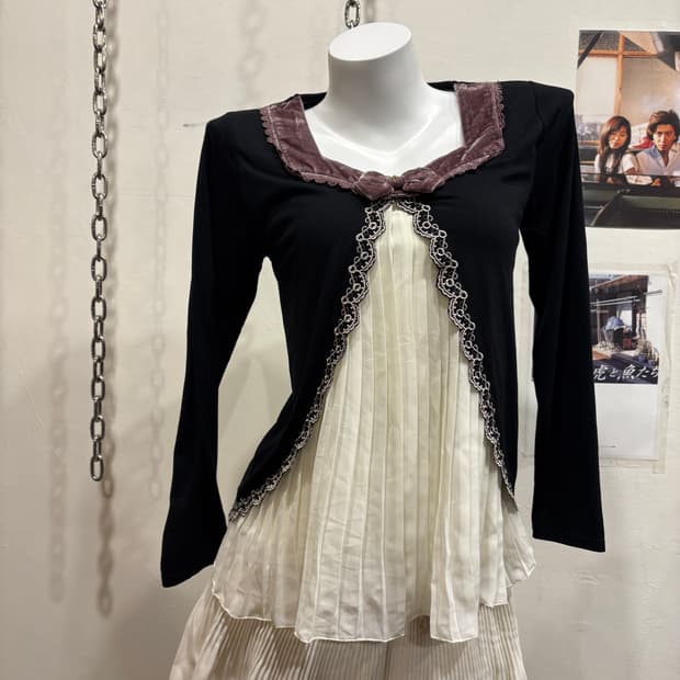 axes femme 엑시즈팜 벨벳 리본 핀턱 레이어드 블랙 롱슬리브