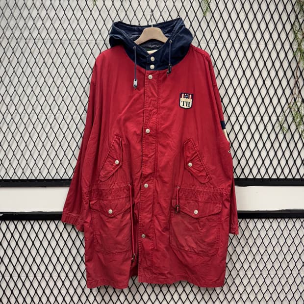 90s 타미힐피거 올드스쿨 어센틱 후드 롱파카 내피 탈부착 레드 네이비
