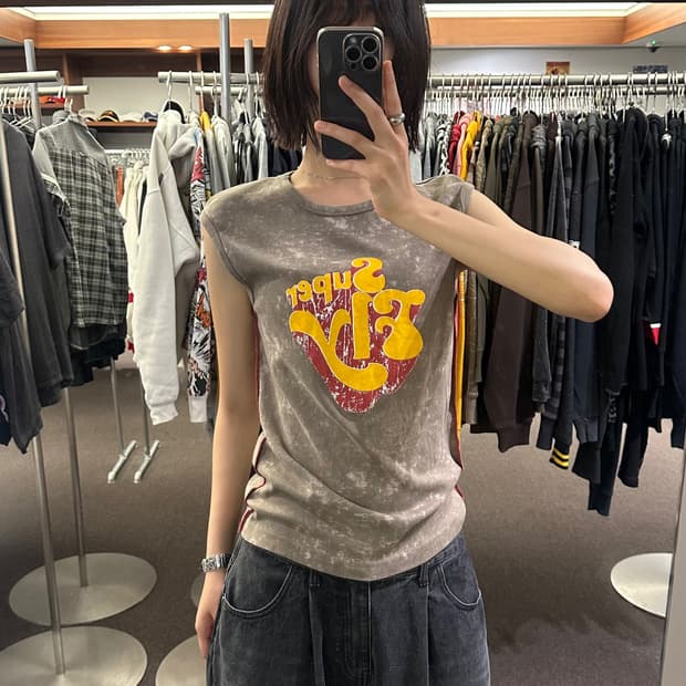 L)Super fly 프린팅 타이다이 슬리브리스