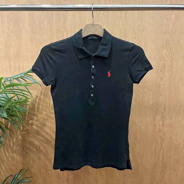 폴로 랄프 로렌 카라 티셔츠 로고 자수 리브 커프 디테일 슬림핏 블랙