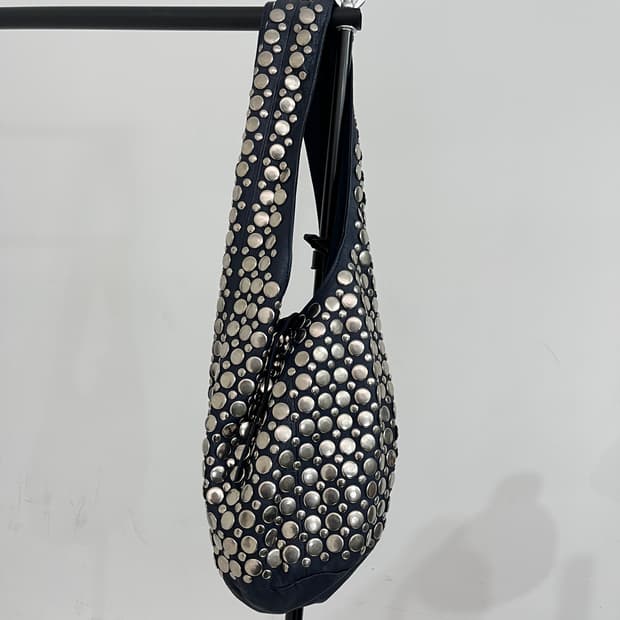 Stud navy leather shoulder bag