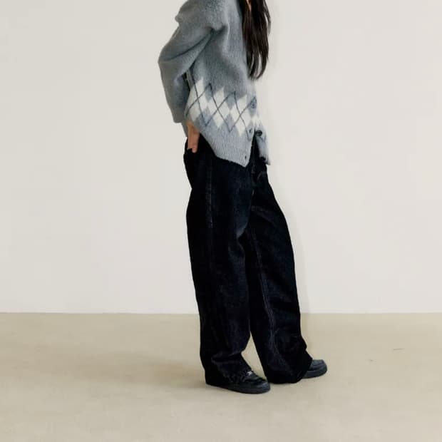 오피쉬 와이드 벨벳 데님 팬츠