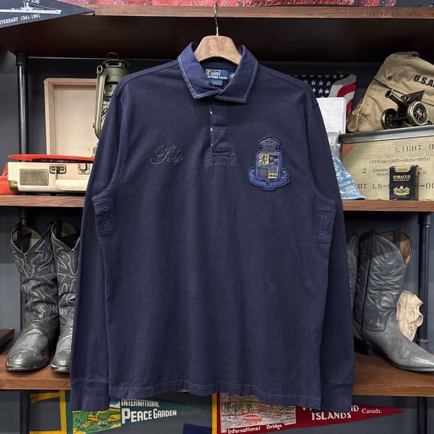 90s 폴로 랄프로렌 크레스트 클럽와펜 프레피 라이닝 럭비셔츠 N915