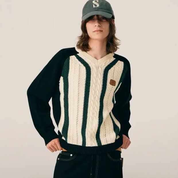 세터 로잔 브이넥 케이블 니트 다크 그린 XL