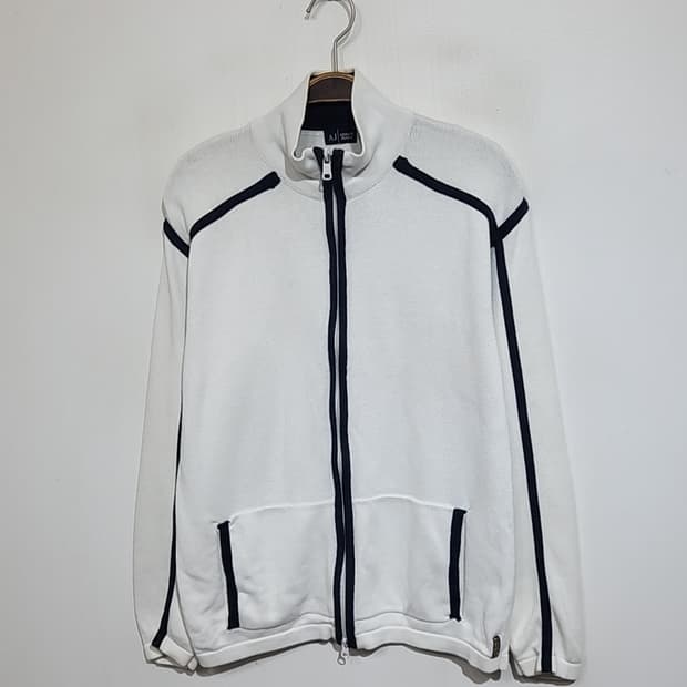 (M) 아르마니진 니트집업 화이트 라인배색 캐주얼 