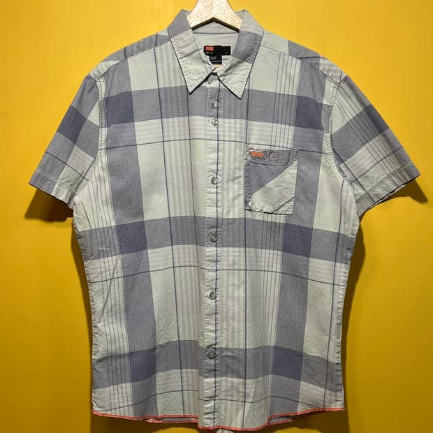 [2XL] 디젤 반팔 체크 셔츠 그레이 블루 파이핑 코튼 디테일