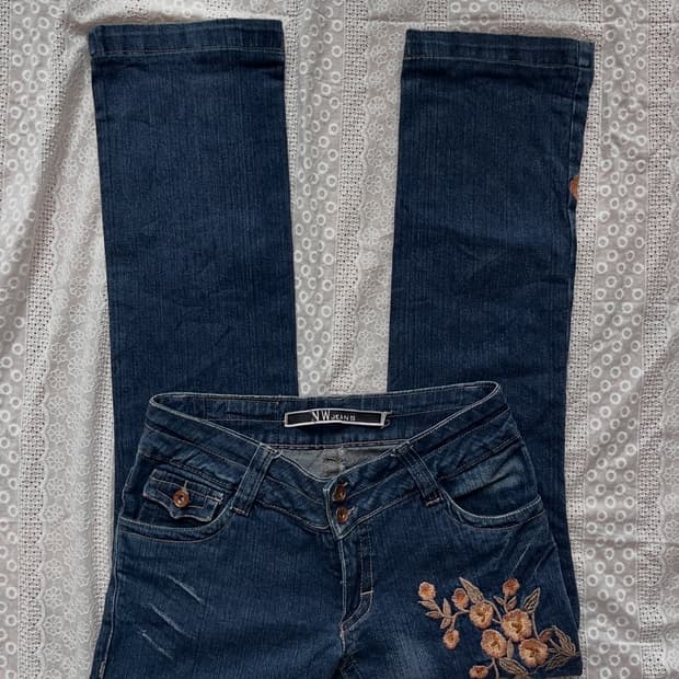 Flower denim semi bootcut pants
