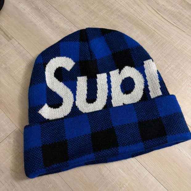 슈프림 빅 로고 비니 블루 플래드 - 20FW
