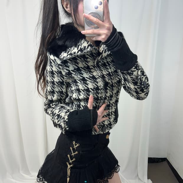 체크 카라 래빗퍼 숏코트 자켓