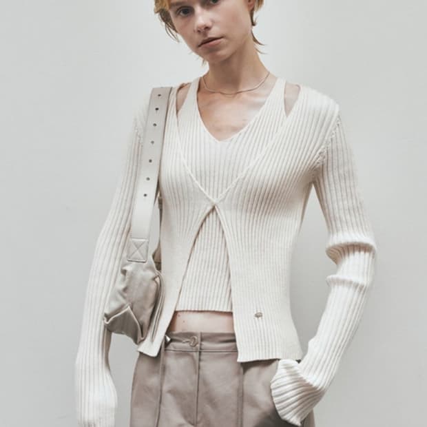 Neev 니브 컷아웃 리브드 원버튼 가디건55 66