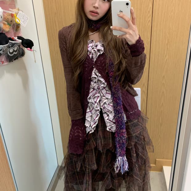 퍼플 브라운 니혼진 모리걸 체크 캉캉 샤스커트 코디세트