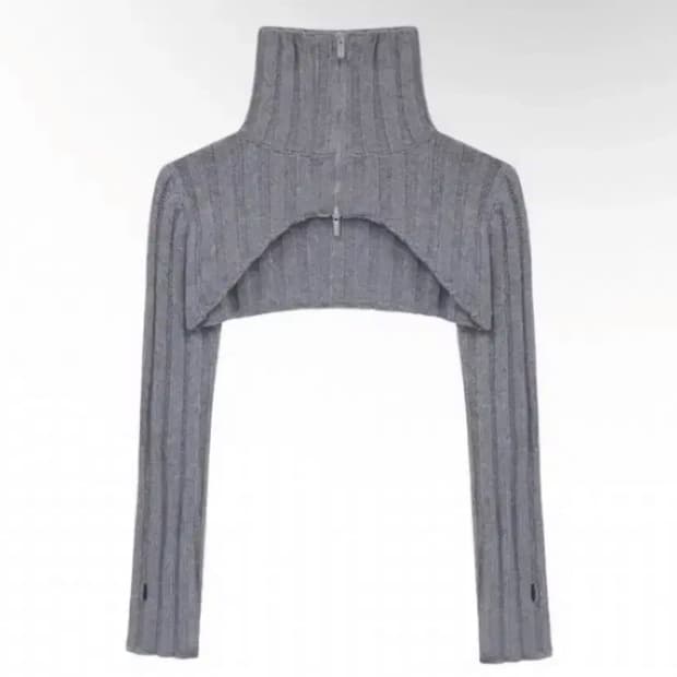 트리밍버드 하이넥 볼레로 니트 집업 그레이