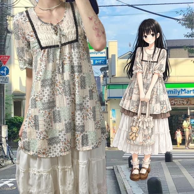 하구미 모리걸 민트 플라워 패치워크 블라우스 원피스