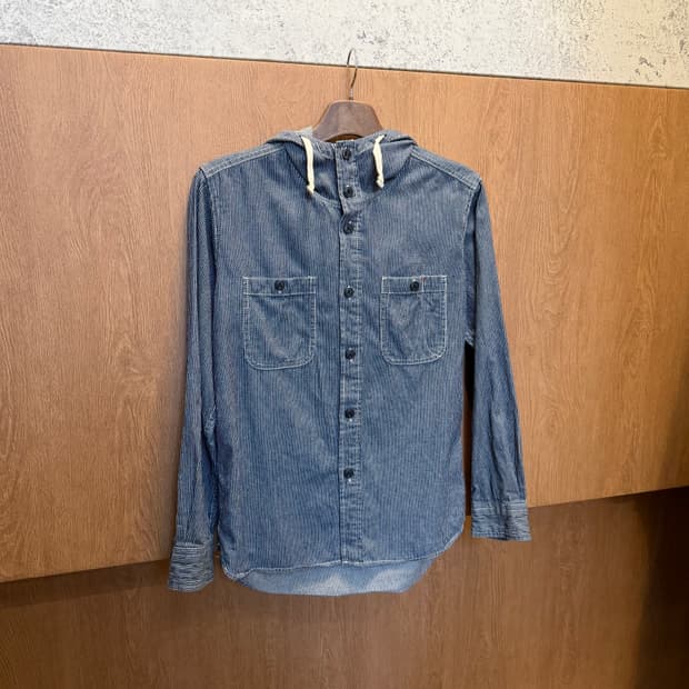 빈티지 후드 버튼업 셔츠 히코리 스트라이프 패턴 디테일 블루