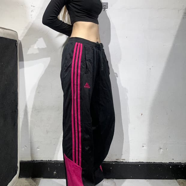 아디다스 블랙 와이드 핑크 삼선 추리닝 바지 L