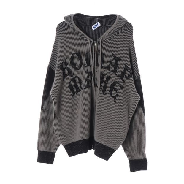 VOLT 고딕 레터링 배색 니트 후드 집업