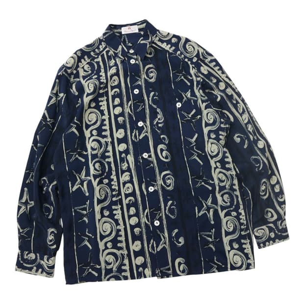 에띠엔 아이그너 빈티지 에스닉 패턴 실크 셔츠 네이비 (L)