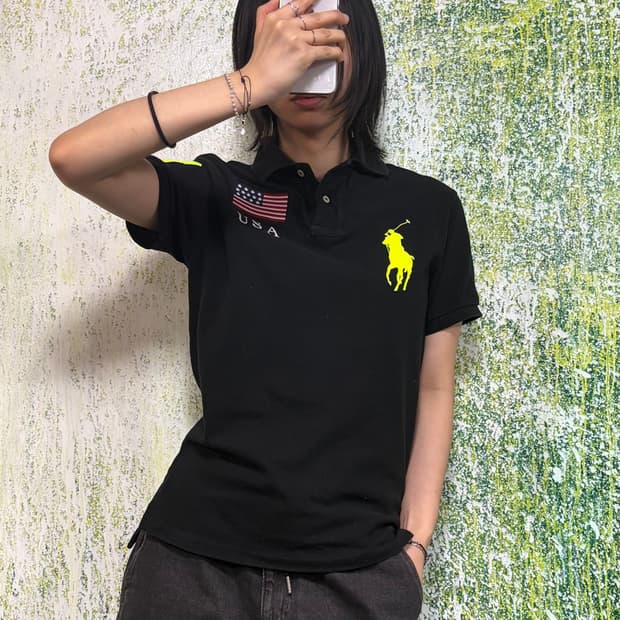 폴로 빅포니 USA 블랙 형광 반팔 카라 티셔츠 S