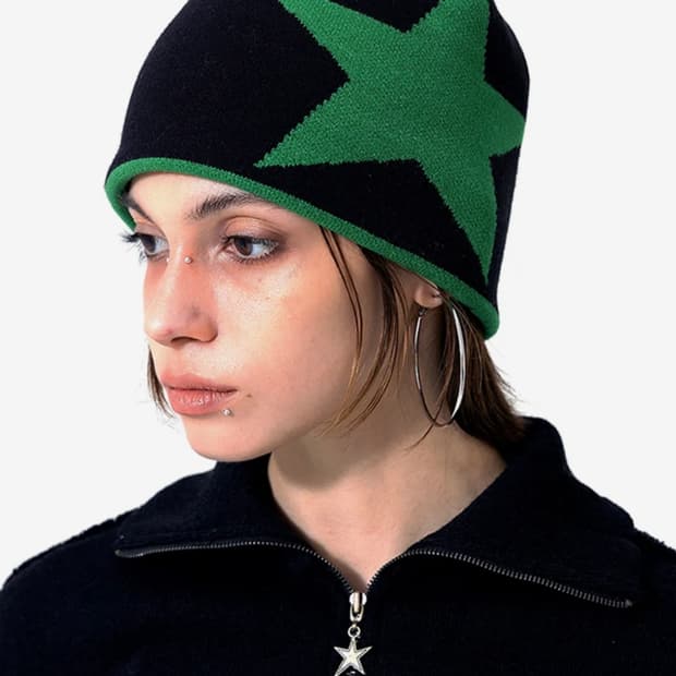 러닝하이 리버시블 별 스타 자카드 니트 비니 그린/블랙