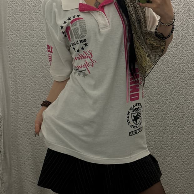 Y2K 올드스쿨 레트로 갸루 키치 글리터 프린팅 카라 반팔티 K0268