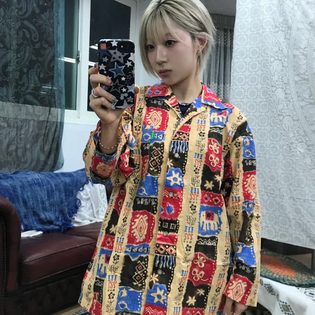 베네통 빈티지 에스닉 패턴7부 셔츠 