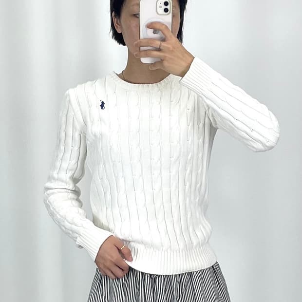 [M]폴로 화이트 여성 꽈배기 라운드니트