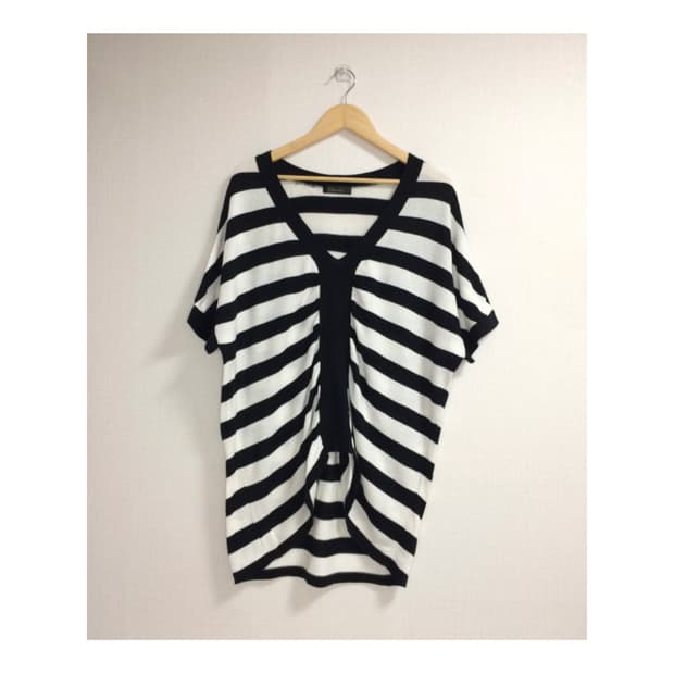 빈티지 블랙 화이트 스트라이프 셔링 박시 니트 튜닉