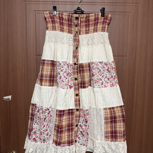 모리걸 하구미 일본 빈티지 패치워크 체크 레이스 도트 잔꽃 롱 스커트