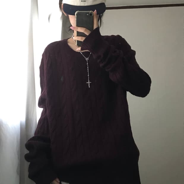 폴로 버건디 케이블 니트