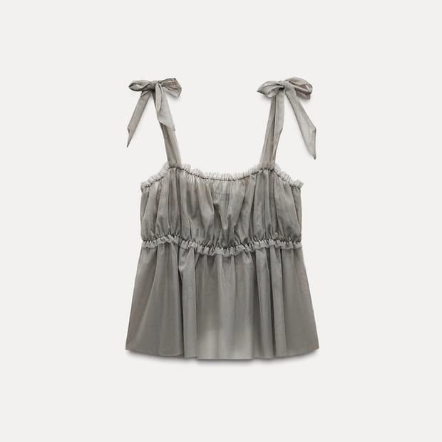 자라 리본 튤 탑 시스루